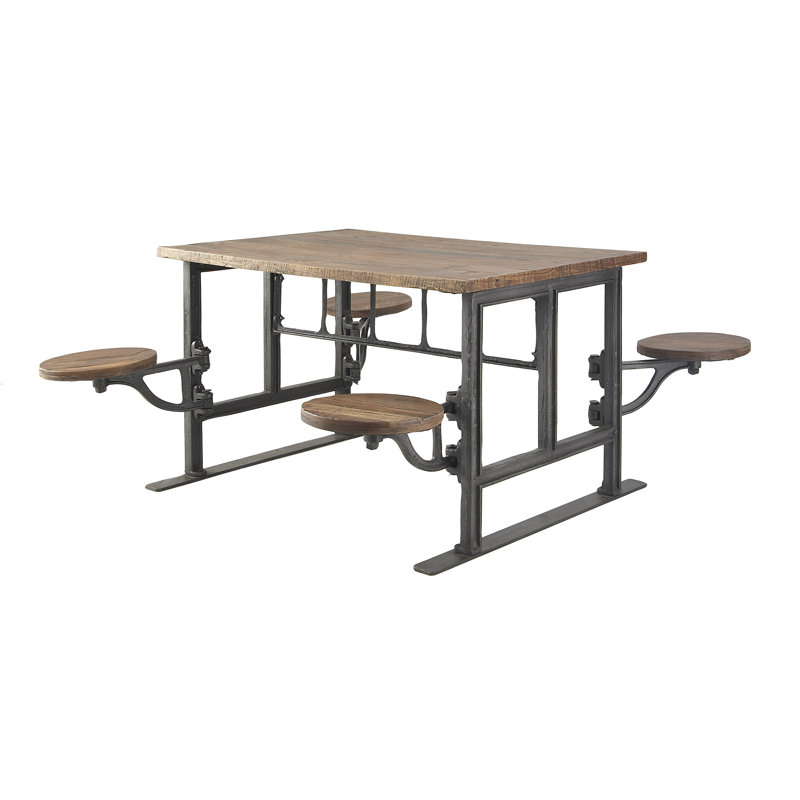 Teak Wood Dining Table with Attached Seats, Brown, Gray, 31" H x 51" W x 35"L
