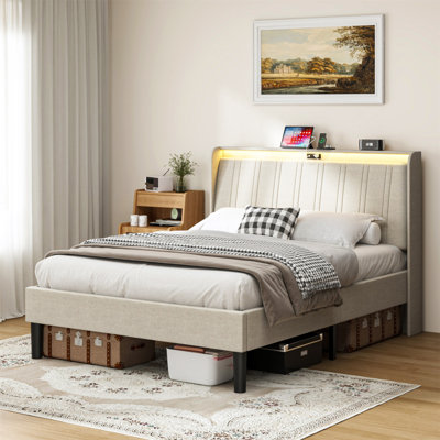 Structure de lit plateforme avec tête de lit tapissier en tissu et support en lattes de bois