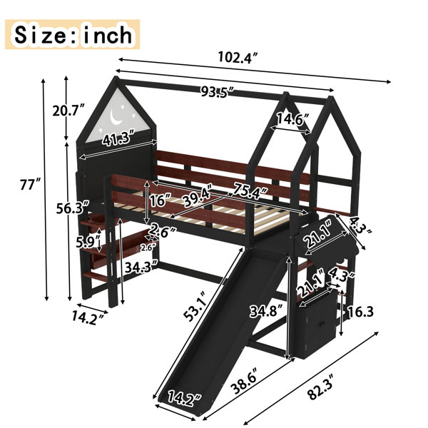 Ebern Designs Twin Size Loft Bed With Bookshelf Playful Design For Kids ...