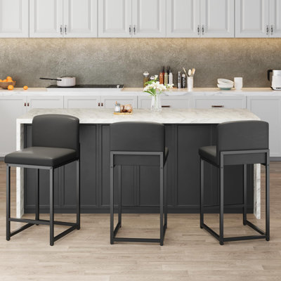 Counter Height Bar Stools Set of 2 with Back, PU Leather Upholstered Island Chairs with Metal Legs for Kitchen, Bar & Counter