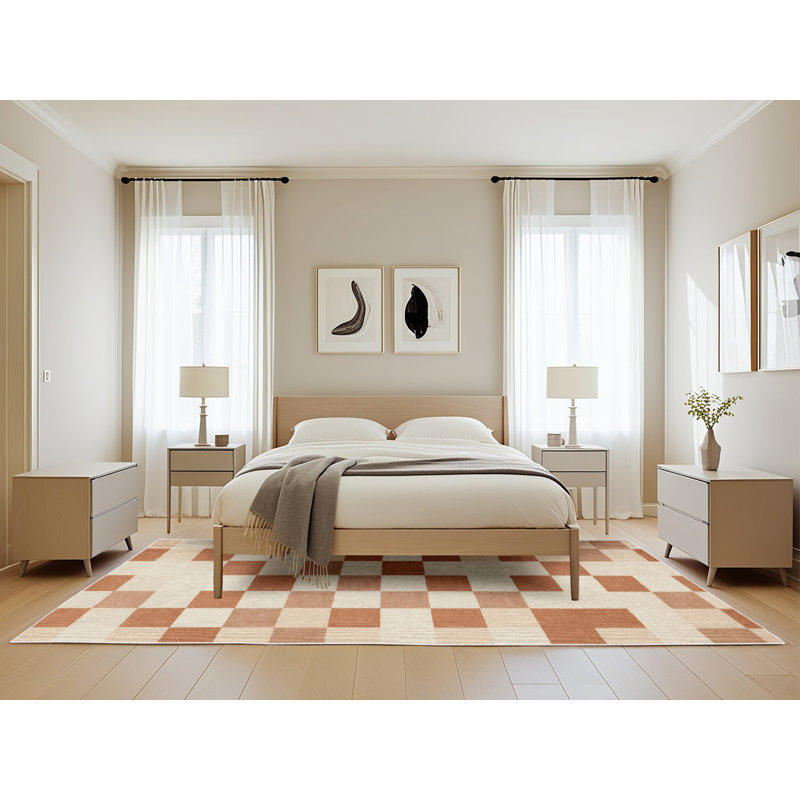 Machine Washable Checkered Beige Area Rug, Rectangle 5' x 8'