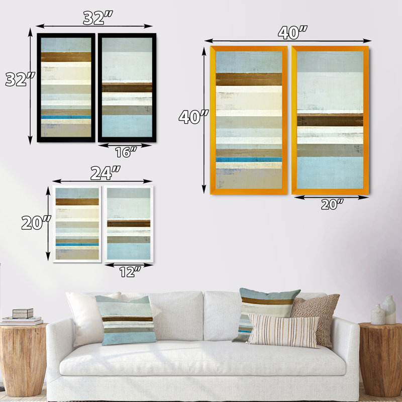 «Teal Meets Beige Abstract Stripes II», ensemble de 2 impressions sur toile, H 40 po x l 40 po x P 1 po, Cadre photo noir