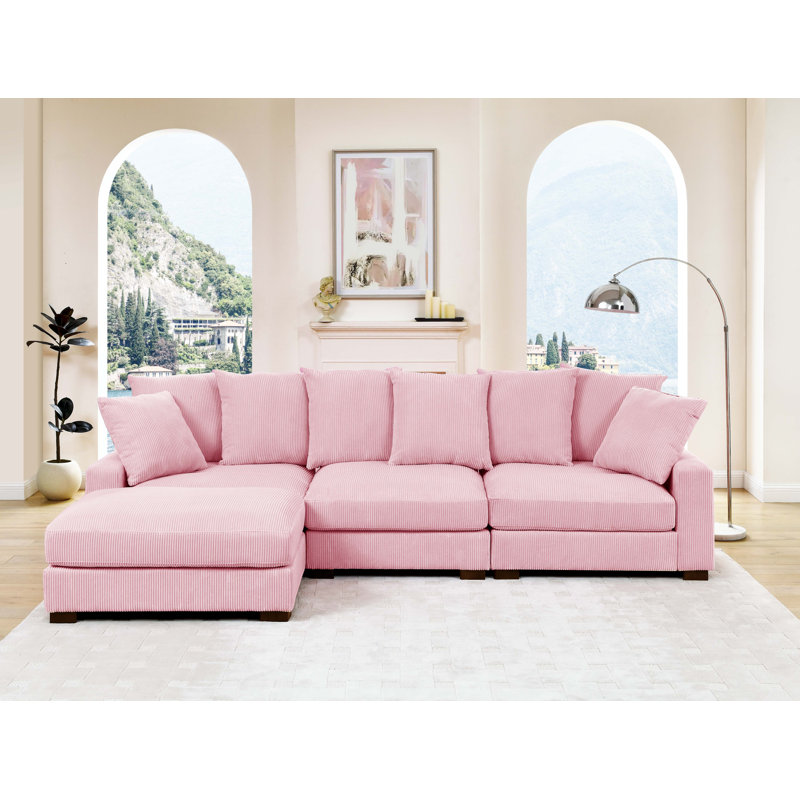 Canapé rembourré en velours côtelé avec pieds en bois massif, Rose, 4, H 34 po x l 122 po x P 67,5 po
