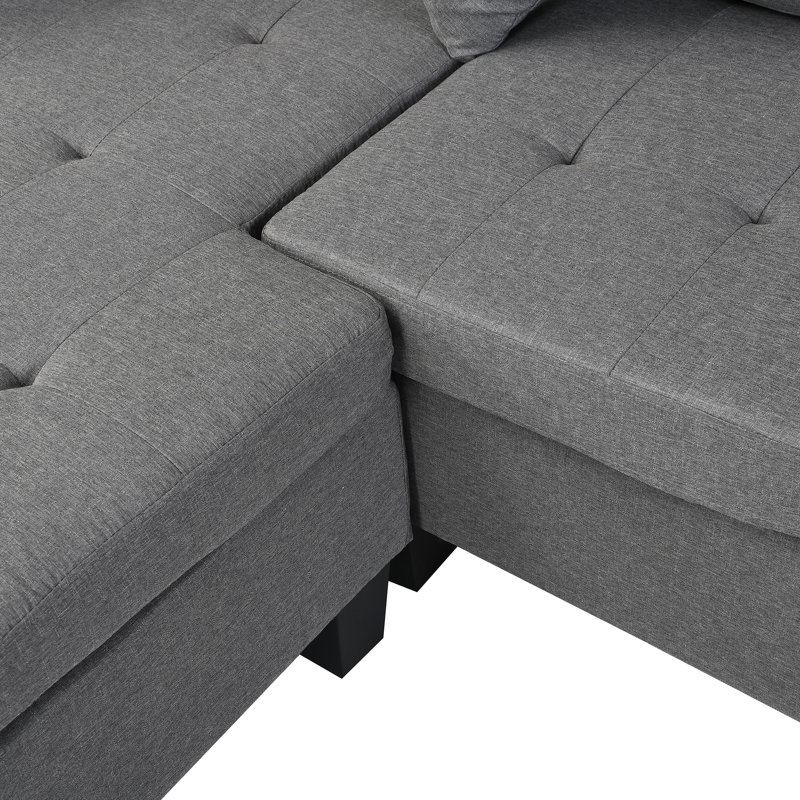 Canapé modulaire en lin pour salon de couleur grise avec méridienne en forme de L et porte-gobelet en un coup d'œil