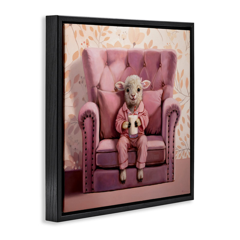 «Baby Cow in Pink Chair» par Lucia Heffernan, Cadre flottant noir de jais, H 25 po x l 25 po x P 1,7 po