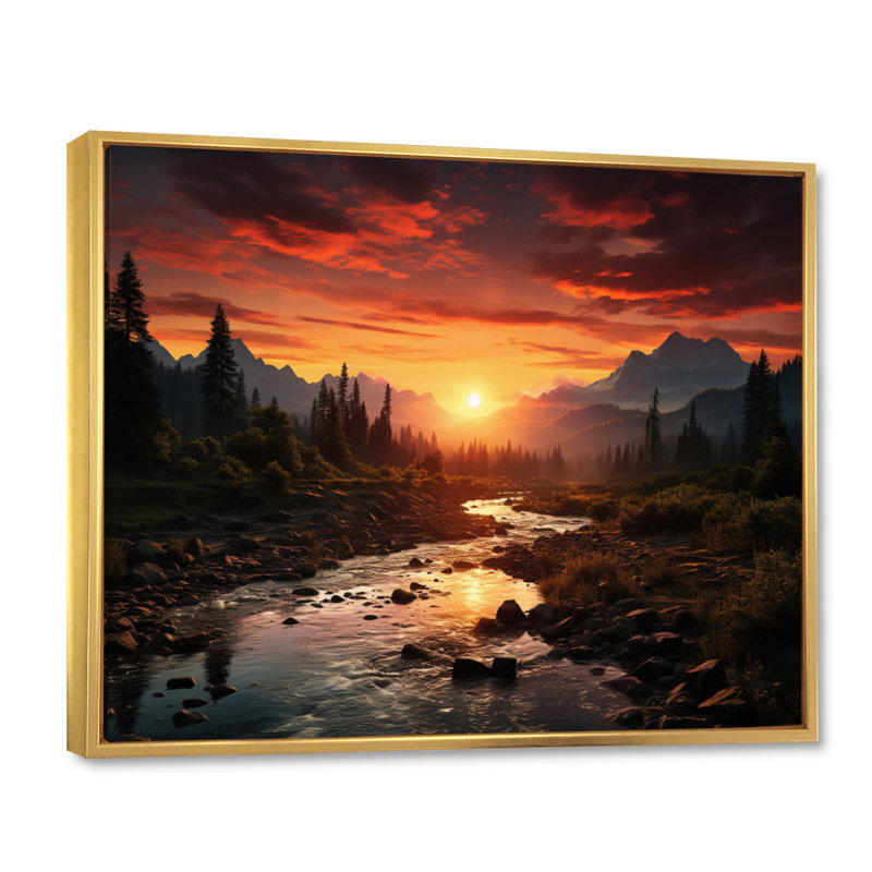 «Sunrise Morning At The River - Sunrise & Sunset», art mural, Cadre flottant doré, H 16 po x l 32 po x P 1 po