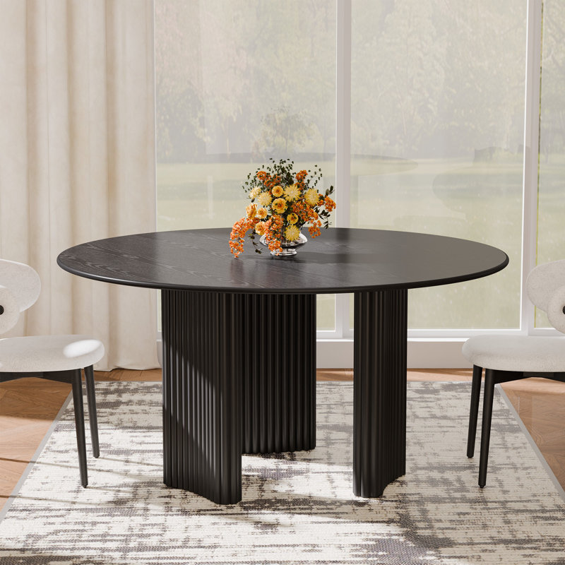 52" Round Black Oak Dining Table with 3 Legs Modern Kitchen Table with Solid Wood Base Seats 6 for Living Room Dining Room