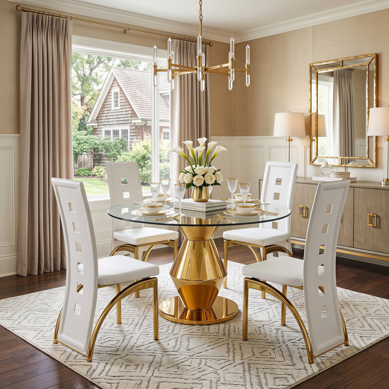 Ensemble de salle à manger 47 po Modern Glam, Ensemble de cinq pièces : table, quatre chaises, Blanc