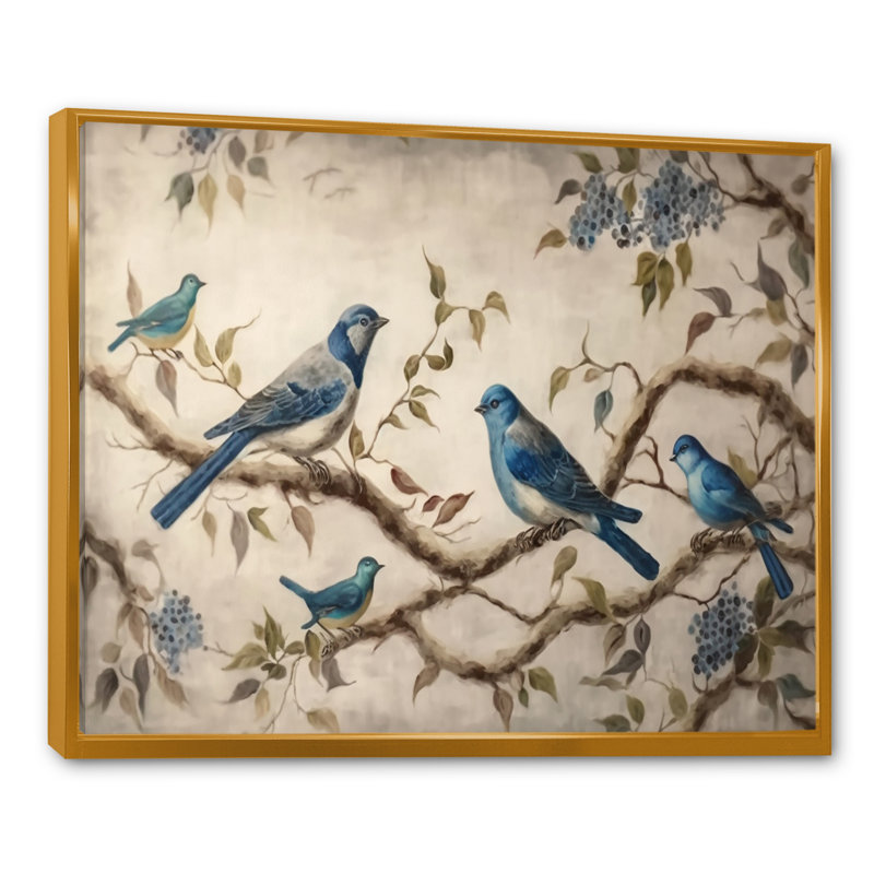 Quatre oiseaux bleus rétro sur une branche I - reproduction sur toile, Cadre flottant doré, 30" H x 40" W