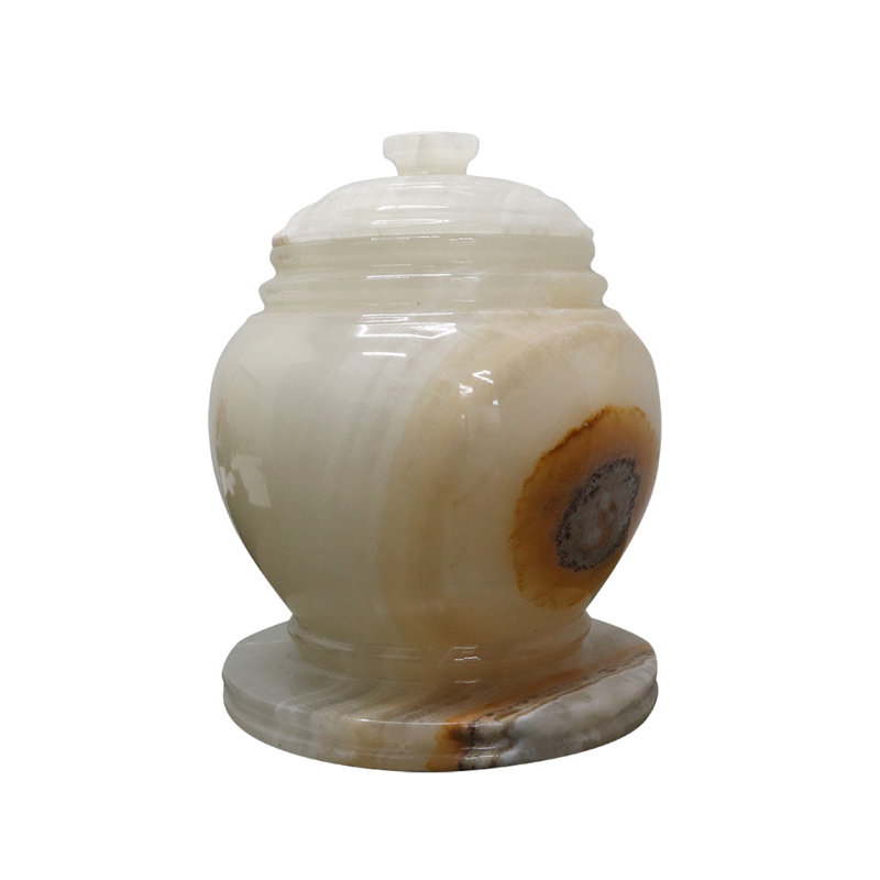 Urne décorative en marbre avec couvercle, onyx blanc avec motif tourbillon brun, H 10,5 po x l 8,25 po, 17,25 lb