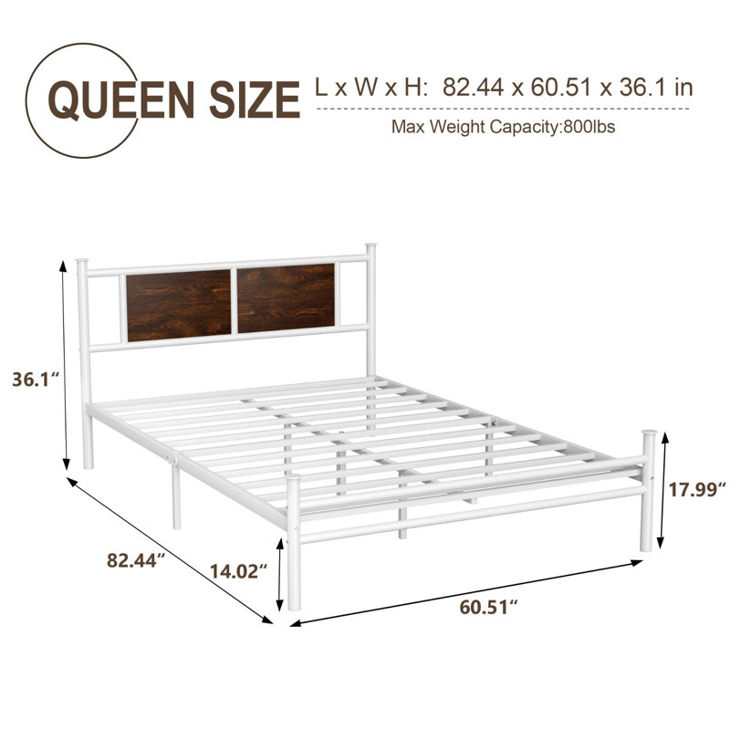 Queen Size White Metal Platform Bed with Rustic Wood Headboard