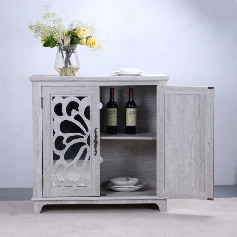Buffet de rangement élégant avec portes en miroir en acrylique - Armoire décorative sculptée avec tablette réglable