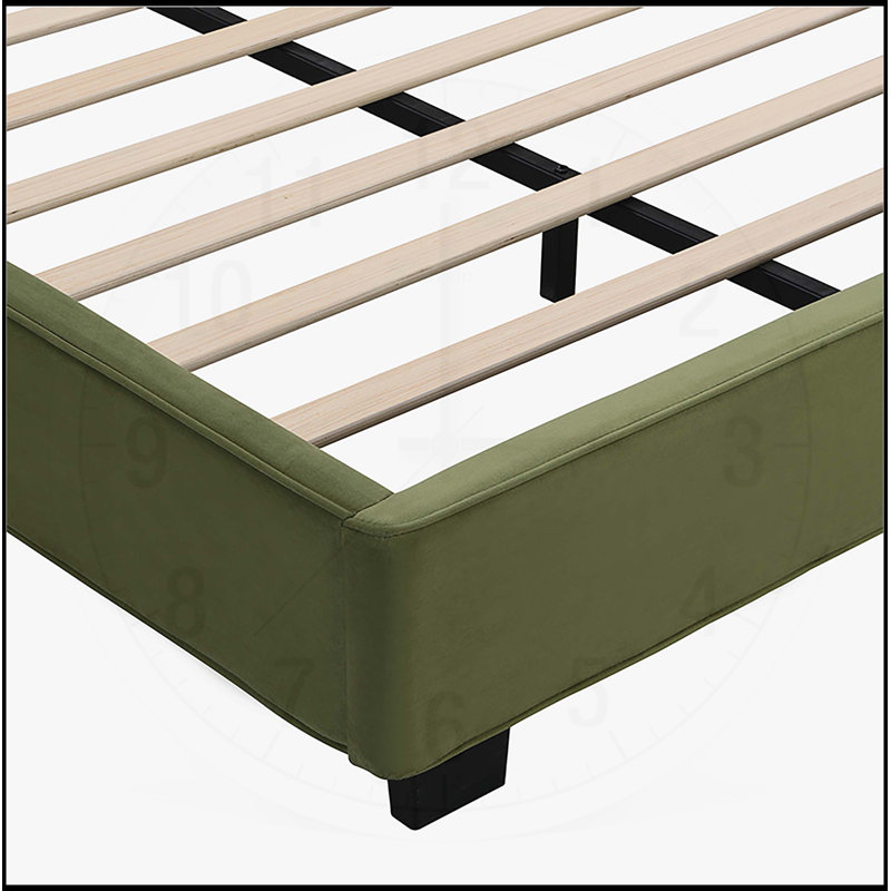 Très grande base de lit en velours, lit plateforme tapissier avec tête de lit capitonnée incurvée, coins carrés doux, vert olive