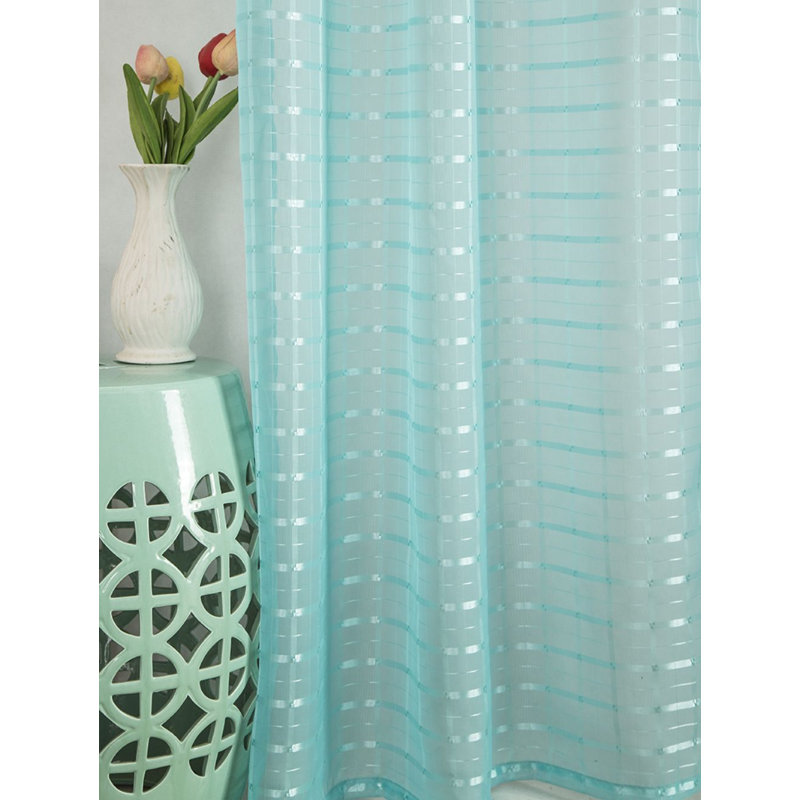 Jardine Plaid Stripe Sheer Window Curtain Panel, Aqua