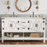 Meuble-lavabo à double cuve 60 po avec plateau en marbre blanc de Carrare et grand rangement, blanc vieilli