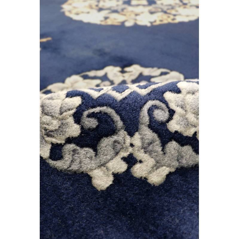 Tapis bleu marine / ivoire antique en laine noué à la main 7 pi 10 po x 10 pi 3 po