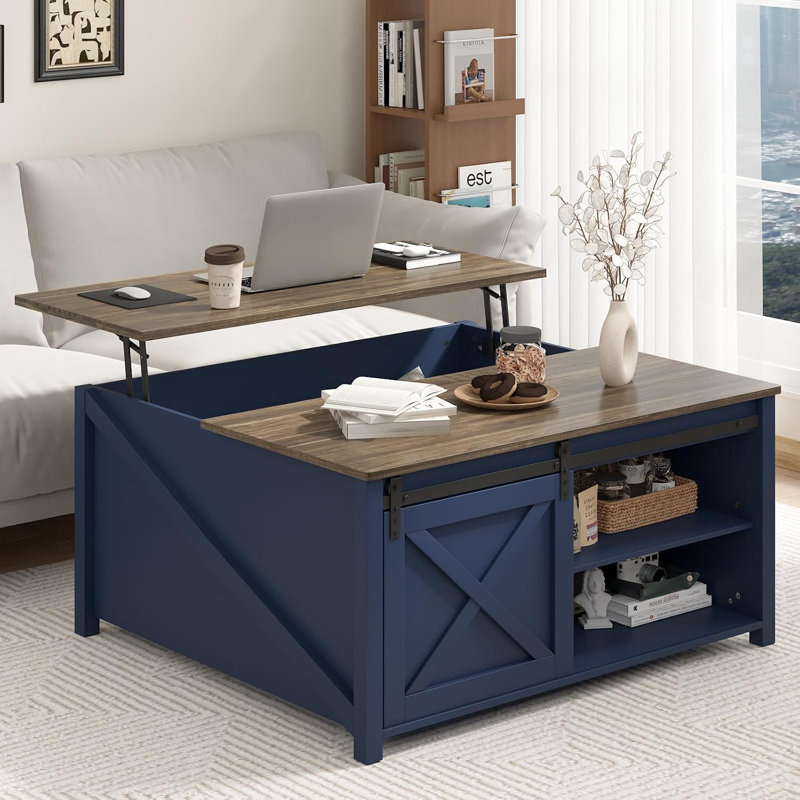 Lift Top Coffee Table with Storage, 31.5" Farmhouse Coffee Table for Living Room, Square Coffee Tables with Large Hidden Storage and Sliding Barn Doors, Blue