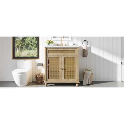 de salle de bain d'un pouce avec portes en rotin tissé à la main, cuve en résine et pieds en bois massif - Conception peu encombrante, portes à fermeture en douceur et assemblage facile