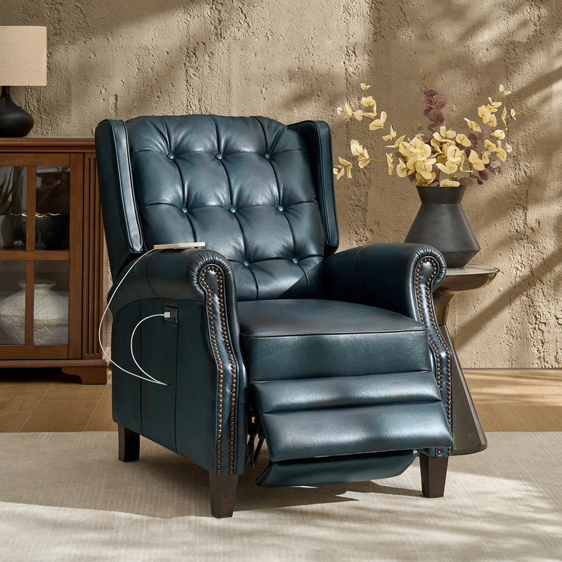 Martina 29.25''W Waxed Leather Power Recliner with Solid Wood Legs, Navy