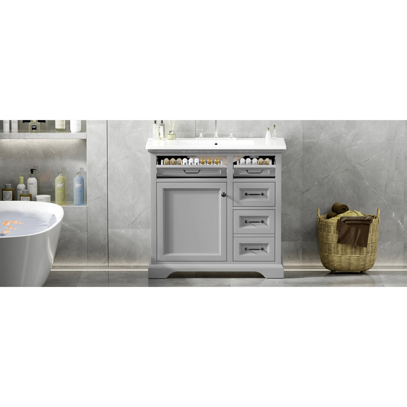 Meuble-lavabo 36 po avec lavabo, lavabo en céramique, 2 tiroirs basculants, charnières de porte à fermeture en douceur