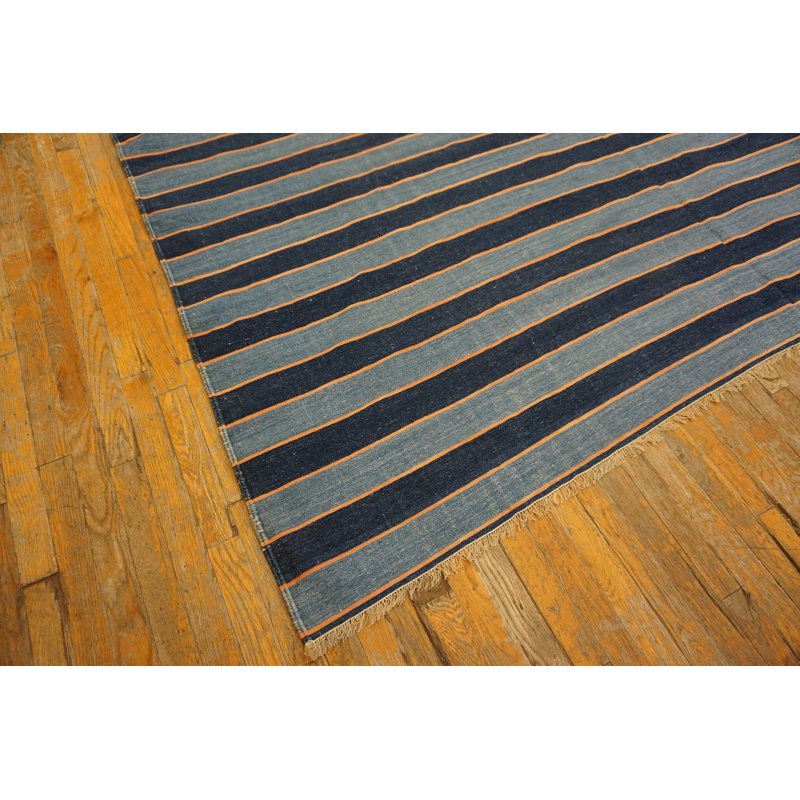 Large Square Flatwoven Blue Color Antique Striped Dhurrie Rug