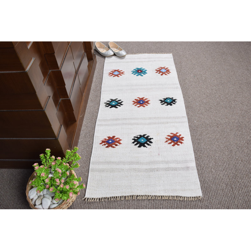 Handwoven Small Vintage Turkish Kilim Rug with Distinctive Patterns and Elegant White Finish