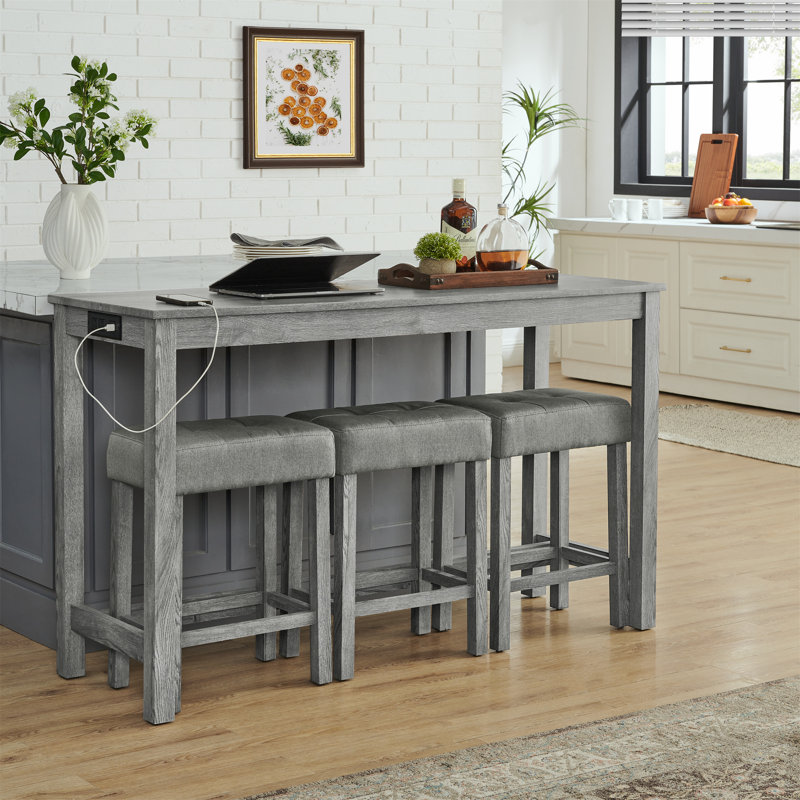Bar Sofa Table With Power Outlet, 4 Piece Bar Table And Chair Set With Upholstered Stools, Gray, Gray/Gray