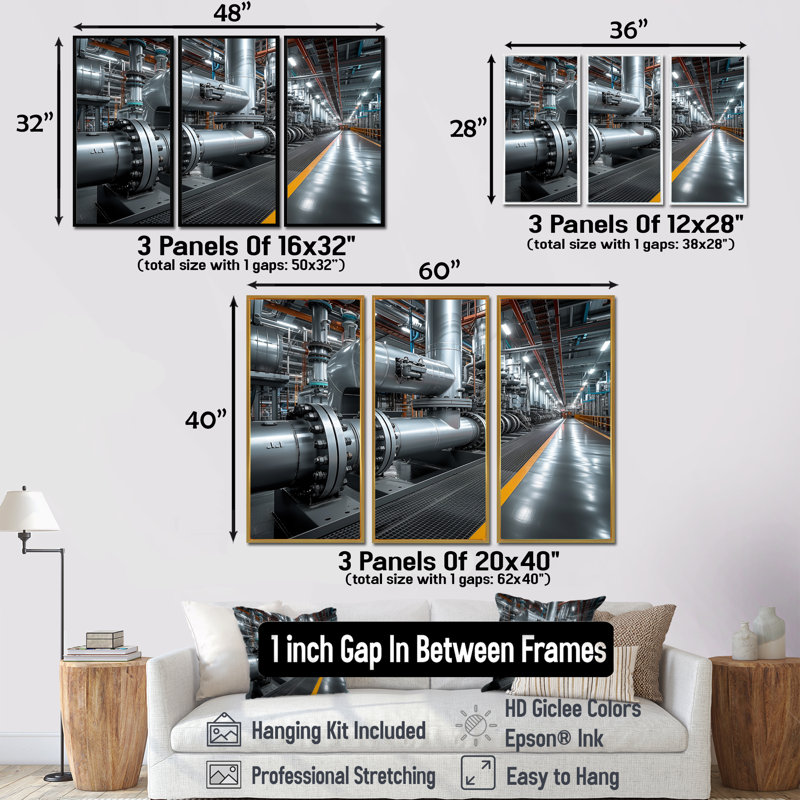 Monochrome Yellow Grey Industrial Pipeline III - Factories Wall Decor Set, Black Floater Framed Canvas, 28" H x 36" W x 1" D