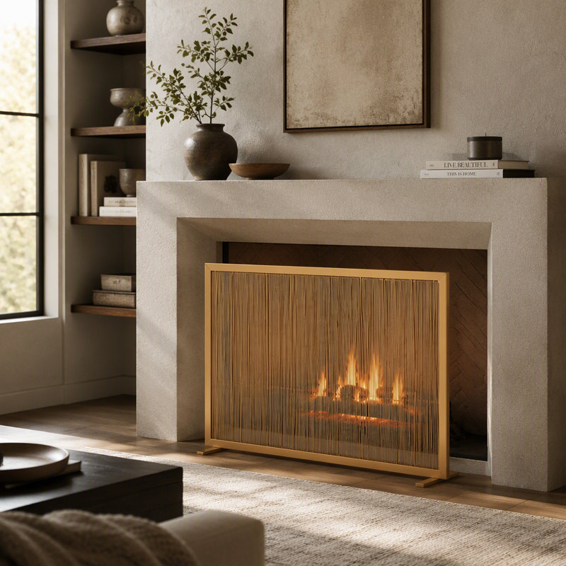 Willow 1-Panel Iron Fireplace Screen 39" x 30", Golden Finish, Golden