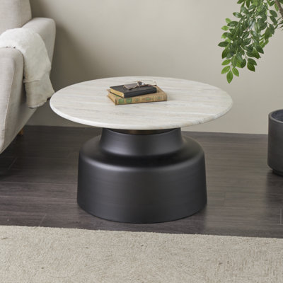 Izabellah Metal Pedestal Black Coffee Table with Faux White Marble Top