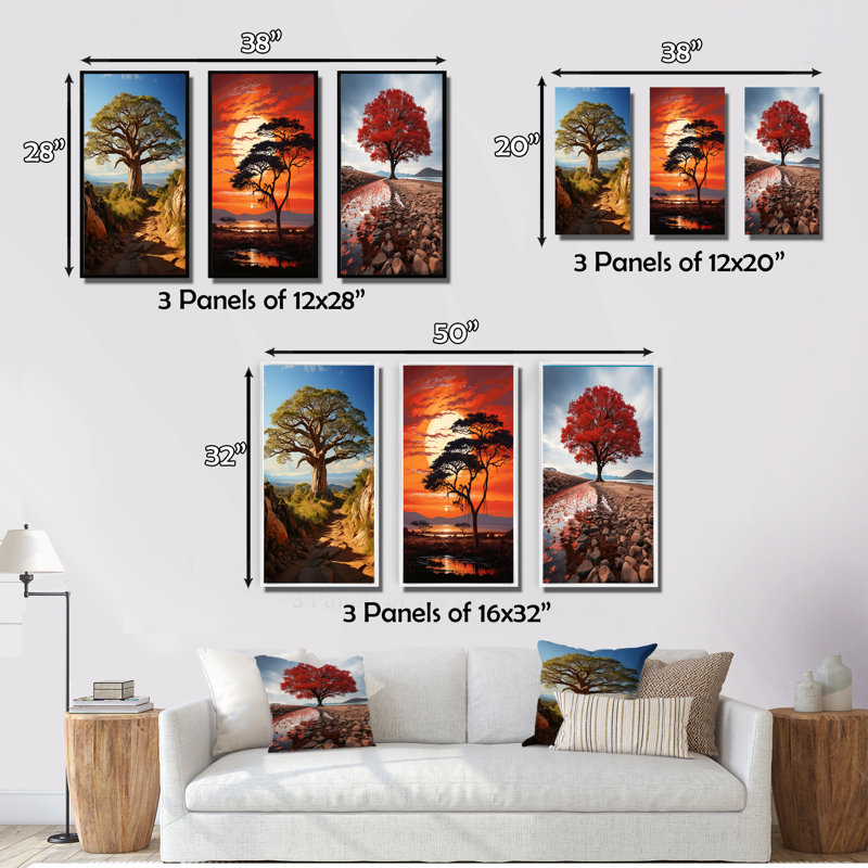 «Baobab Tree Serenade», 3 pièces sur toile, Encadré naturel, H 28 po x l 36 po