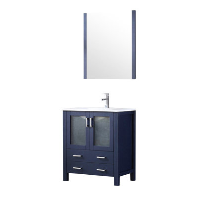 30 po Meuble-lavabo en bois bleu marine avec comptoir en céramique blanc, robinet inclus et armoire ovale à miroir à miroir 28 "