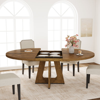 Table de salle à manger extensible ronde 47 "à 63" pour 4 à 8 personnes (table seulement) Vintage | Table de salle à manger ovale avec base en bois à piédestal en croix, meubles de cuisine de cercle pour salle à manger, salon, cuisine