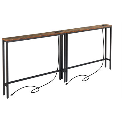 Paquet de 2, console étroite de 5,9 po avec prises de courant, longue table basse avec structure en métal et station de charge avec rallonge de 6,5 po, brun rustique