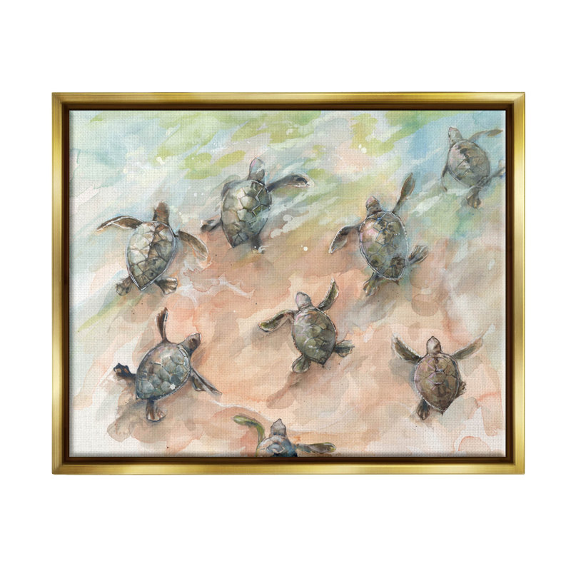 «Baby Sea Turtles Natation Shore» par Diannart - peinture à cadre flottant sur toile, H 17 po x l 21 po x P 1,7 po