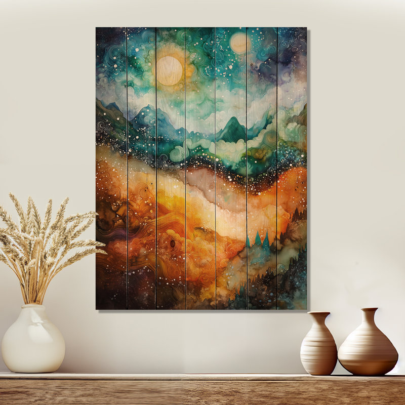 Céleste paysage abstrait de montagne II - Art mural moderne en bois sur bois de pin naturel, H 40 po x l 30 po x P 0,78 po