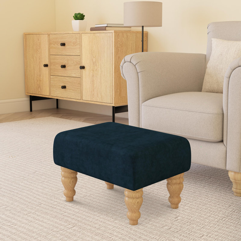 Large Footstools Wood Turned Leg , Natural, Indigo Dark Blue, Velvet