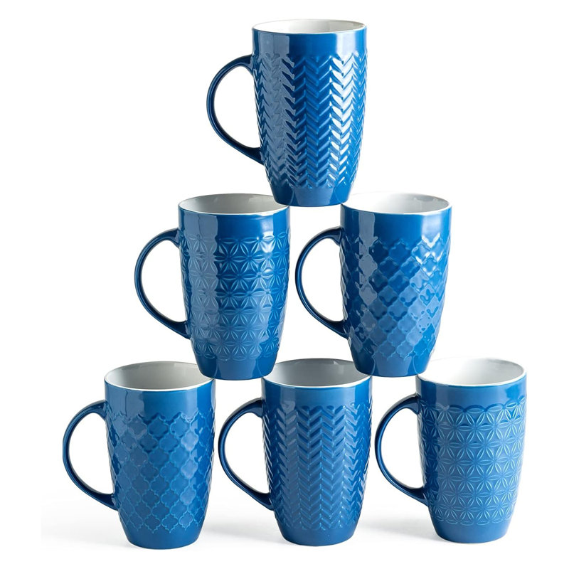 Ensemble de 6 grandes tasses à café en céramique avec motifs géométriques texturés, Bleu
