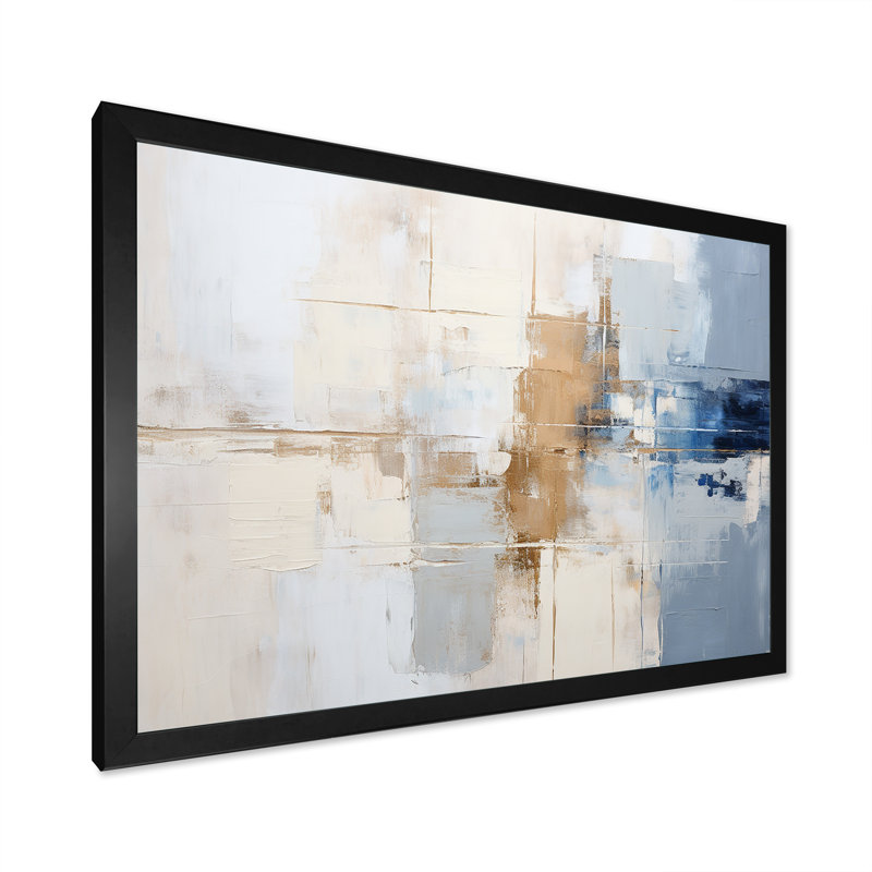 Peinture blanche et bleue Fusion - peinture abstraite, art mural, H 34 po x l 44 po x P 1,5 po, Cadre simple noir