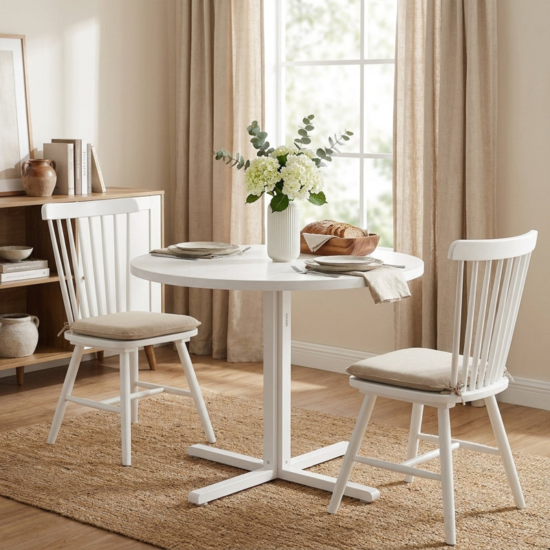 32''W Modern Farmhouse Round Kitchen Table, Sturdy Frame for 2-4 People, Snow White