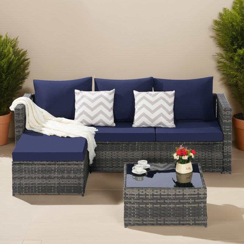 Ensemble de conversation modulaire en rotin avec méridienne et coussins 3 pièces, Bleu très foncé