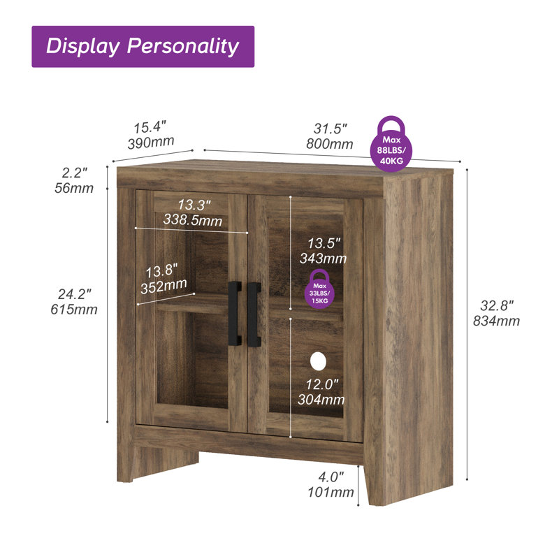 Meuble télé pour téléviseur de 50 po ou moins Farmhouse, centre de divertissement en bois rustique avec tablette réglable, portes et rangement en verre, meuble média pour salon, chambre à coucher, brun