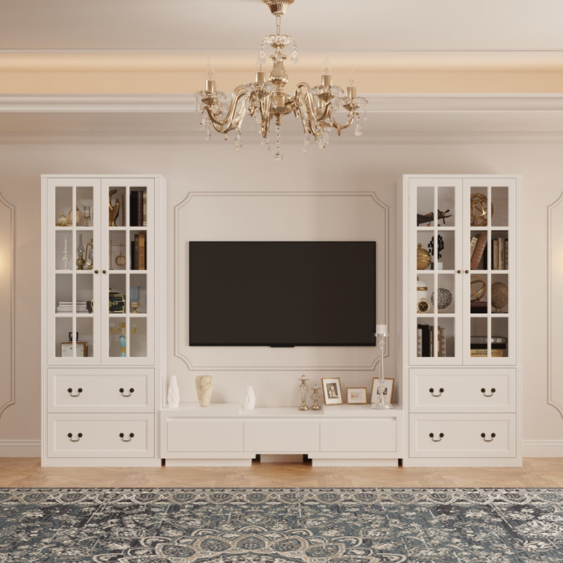 Engineered Wood Adjustable Entertainment Center With Extendable Tv Stand And Glass Door Bookcases (3-Piece Set), White