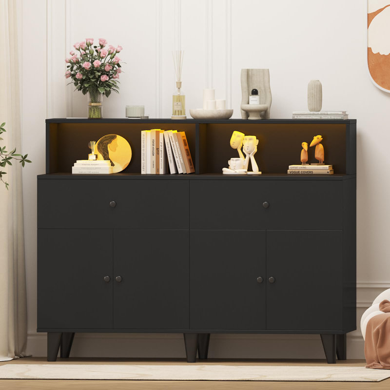 Armoire de rangement 51 po avec prises de courant et lumière DEL, table basse en bois, garde-manger autoportant avec tiroirs