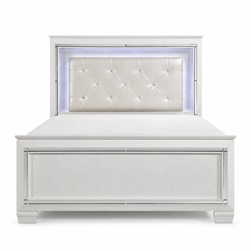 Eudora Bed with LED Backlit Headboard — Faux Alligator Embossed Panel · Beveled Mirror Trim · White Finish, California King