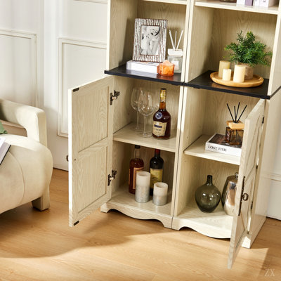 Armoire de rangement combinée 3 en 1 Farmhouse, bibliothèque en panneau de fibres à densité moyenne à grain de bois 3D, casiers de présentation ouverts et armoires fermées avec tablette réglable, bibliothèque librement combinable pour le bureau d'étude du salon