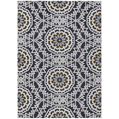 3' X 5' Black Ivory And Gray Floral Medallion Washable Indoor Outdoor Area Rug