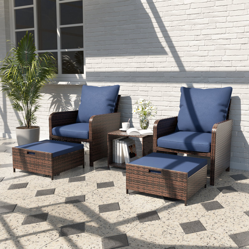 Idamarie Wicker Conversation Set with Ottoman, Blue, Brown