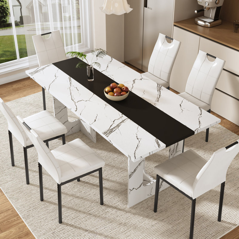 7 Pieces Dining Table & Chairs Set, 71" Rectangle Dining Table With Wooden-Leg, Kitchen Table with 6 Chairs For Dining Room, Living Room, Restarant, Or Canteen