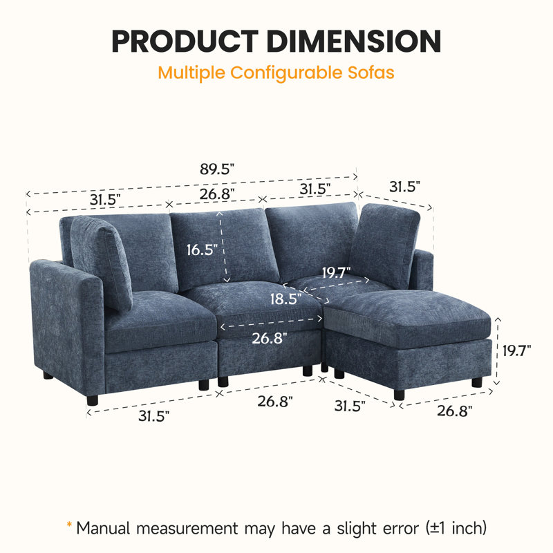 4 - Piece Upholstered Sectional, L-Shape Modular Couch, 36.2" H x 89.5" W x 63" D, Blue